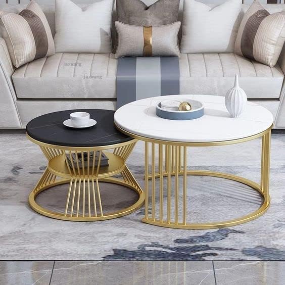 Round Coffee Table set of 2 Modern Balcony Coffee Table with Metal frame Marble Top best for Living room, Garden
