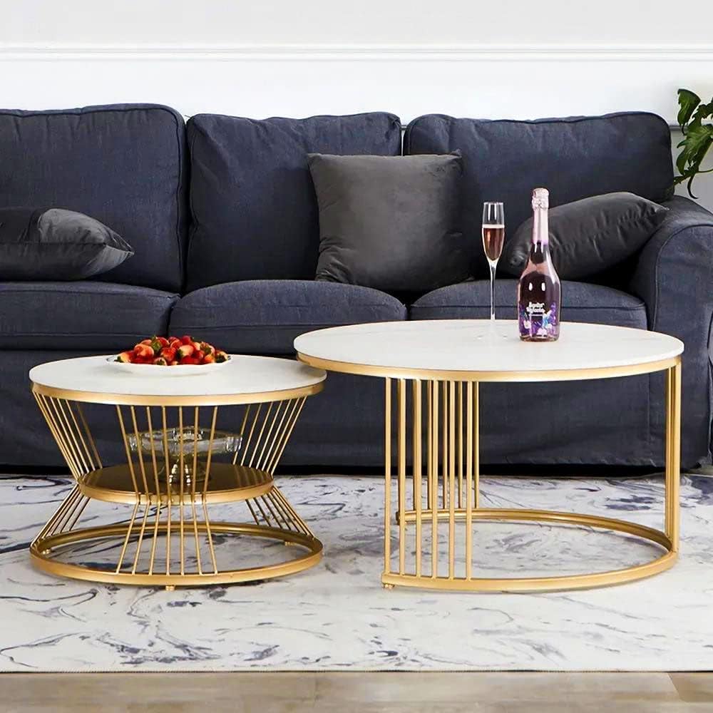 Round Coffee Table set of 2 Modern Balcony Coffee Table with Metal frame Marble Top best for Living room, Garden
