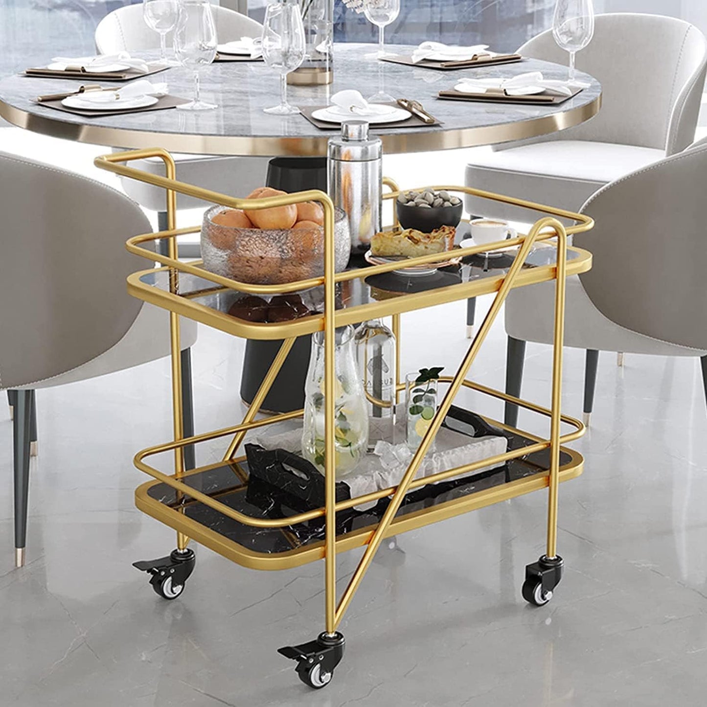 Metal Coffee Table with 2 Shelf , Marble or Movable Wheels Multi-Functional Trolley for Home & Restaurants