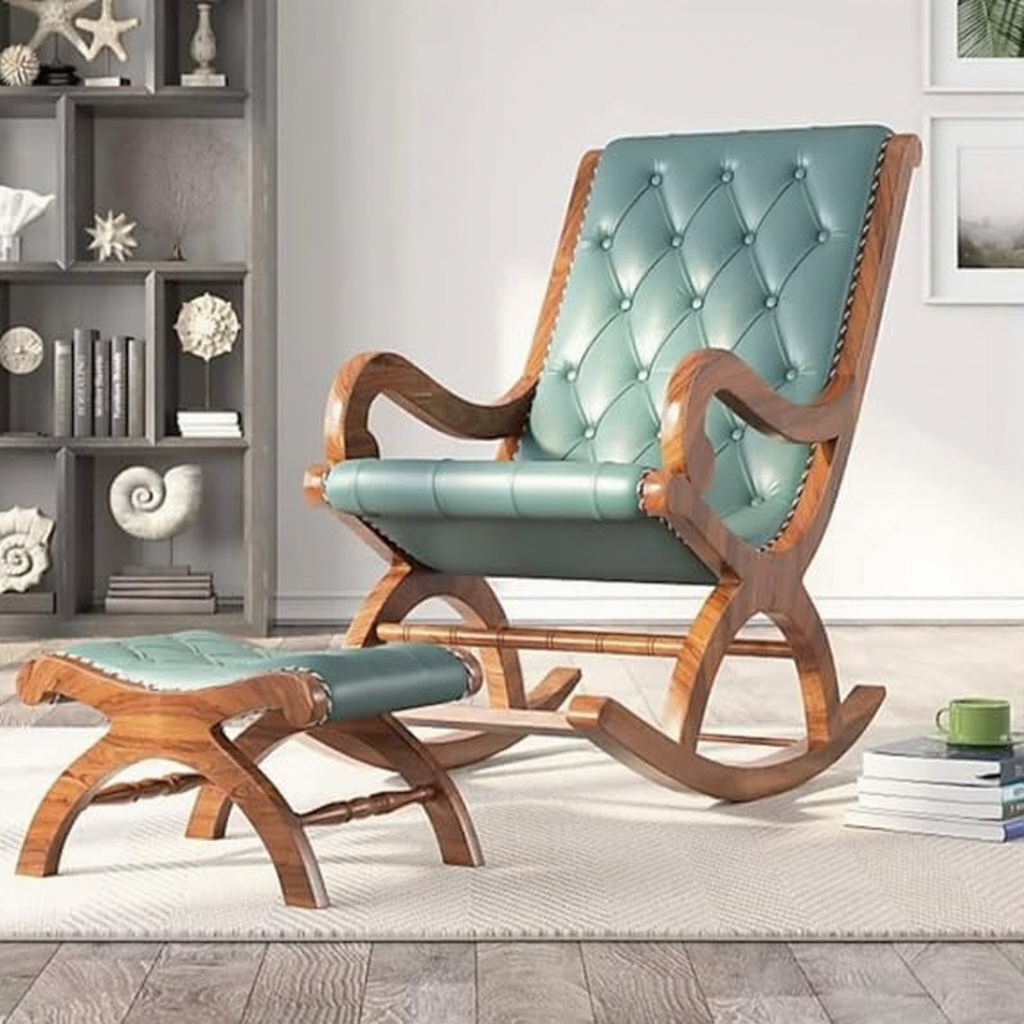 Elegant Sheesham Wood Rocking Chair for Adults - Comfort Seat & Backrest with Footrest Stool Arm Chair For Home ,Office , Garden
