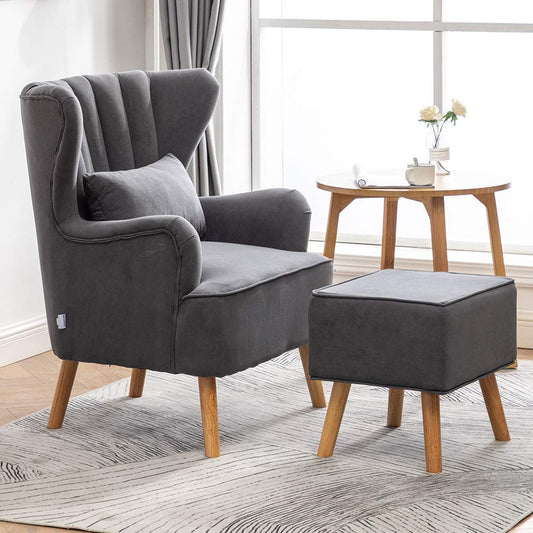 Modern Wing Chair for Living Room, Arm Chair with Ottoman/Footrest for Bedroom with Pouffes