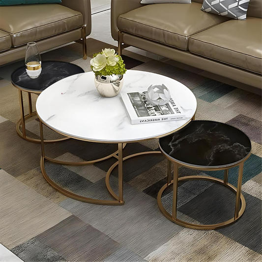 3 Piece of Round Coffee Table 1 Center Table And 2 End Nesting Tables Wooden with Marble Top space saving table.