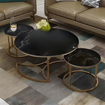 3 Piece of Round Coffee Table 1 Center Table And 2 End Nesting Tables Wooden with Marble Top space saving table.