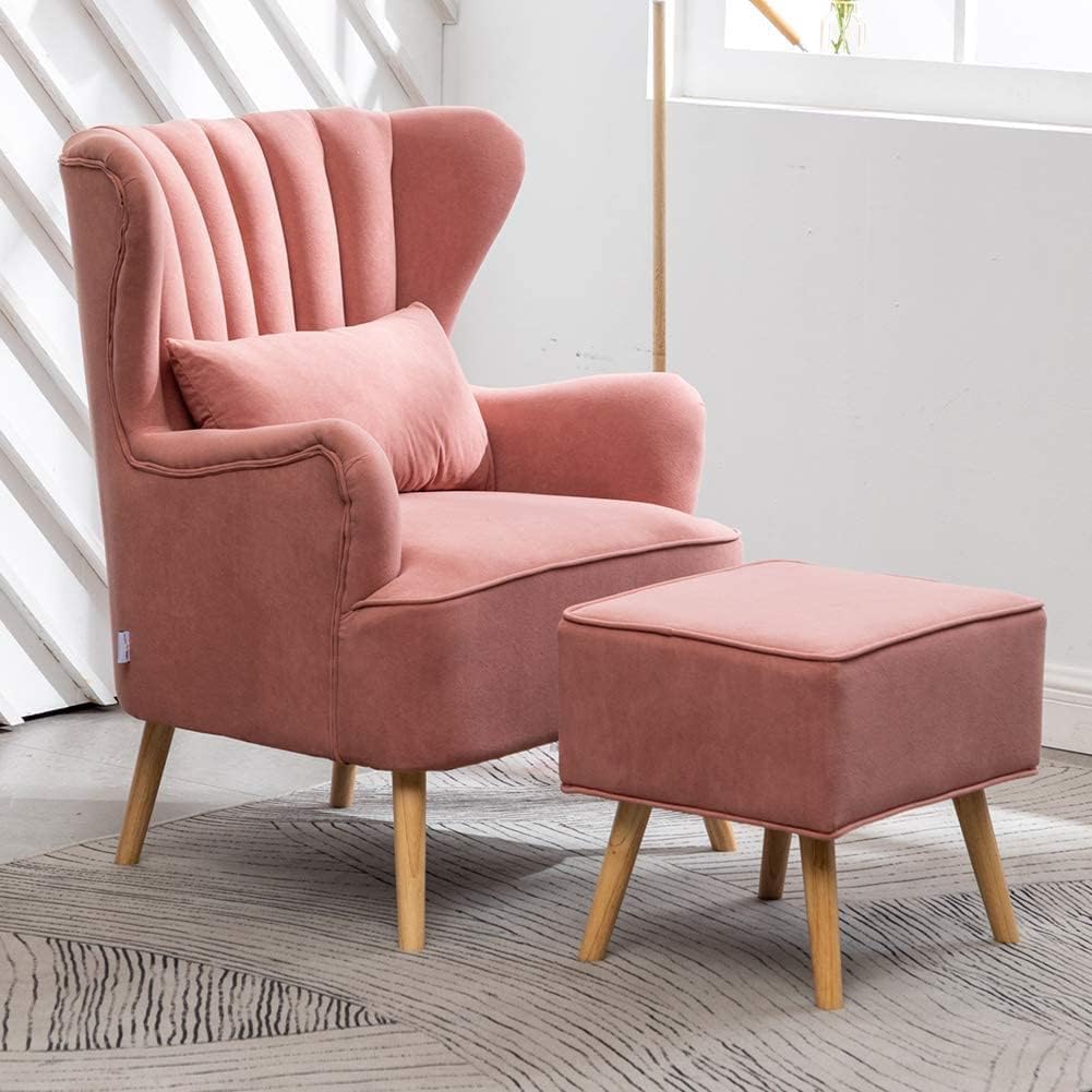 Modern Wing Chair for Living Room, Arm Chair with Ottoman/Footrest for Bedroom with Pouffes