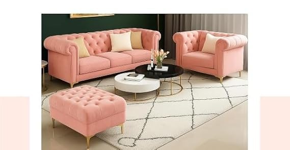 Luxury Velvet fabric 3+1+Ottoman Sofa Set with Button Tufted Design & Gold Legs for Living room