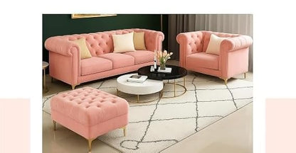 Luxury Velvet fabric 3+1+Ottoman Sofa Set with Button Tufted Design & Gold Legs for Living room