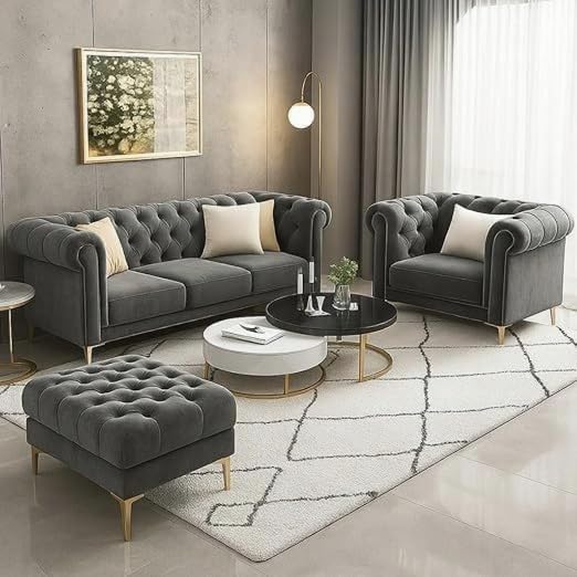 Luxury Velvet fabric 3+1+Ottoman Sofa Set with Button Tufted Design & Gold Legs for Living room