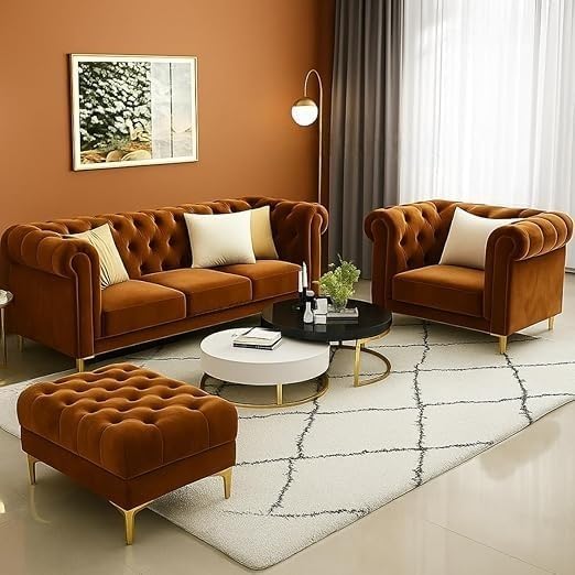 Luxury Velvet fabric 3+1+Ottoman Sofa Set with Button Tufted Design & Gold Legs for Living room