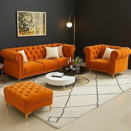 Luxury Velvet fabric 3+1+Ottoman Sofa Set with Button Tufted Design & Gold Legs for Living room