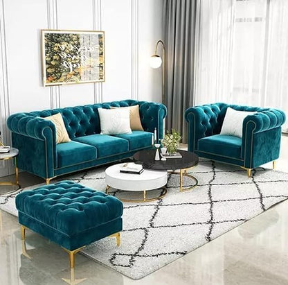 Luxury Velvet fabric 3+1+Ottoman Sofa Set with Button Tufted Design & Gold Legs for Living room