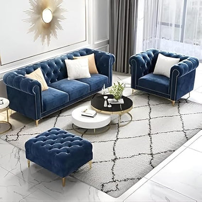 Luxury Velvet fabric 3+1+Ottoman Sofa Set with Button Tufted Design & Gold Legs for Living room