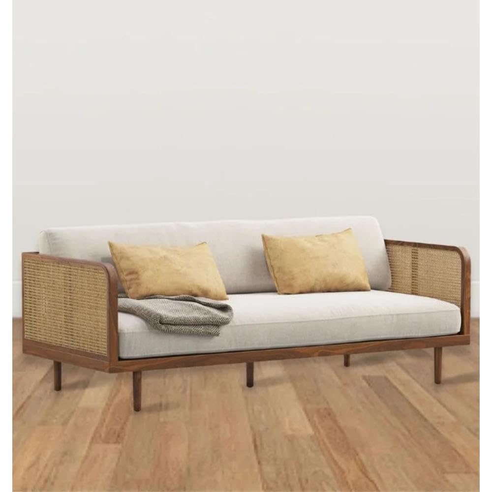 Modern Rattan Sofa Cane Design with Natural Finish , Solid Wooden Frame Living Room Couch or Lounge Seating, Comfortable and Stylish Furniture.