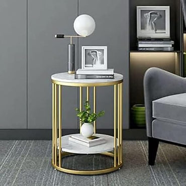 Round Metal Creative Table with Marble Design best for Telephone, Tea, Coffee Table with 2 Shelf for Bedroom, Living Room