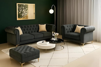 Luxury Velvet fabric 3+1+Ottoman Sofa Set with Button Tufted Design & Gold Legs for Living room