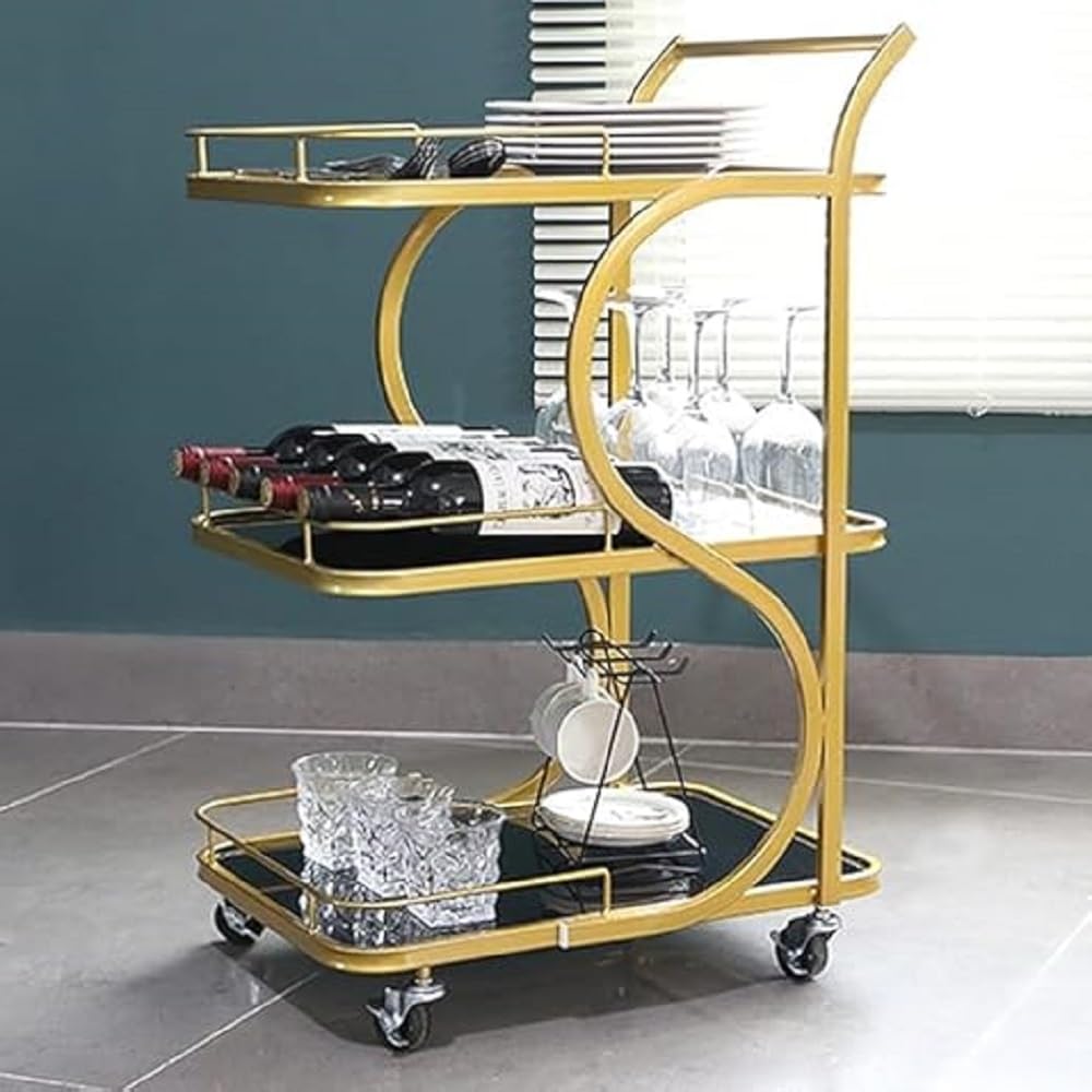 Coffee Table Bar Trolley Kitchen Trolley Serving Trolley with 3 Shelf, Lockable Wheels for Kitchen, Bar, Garden