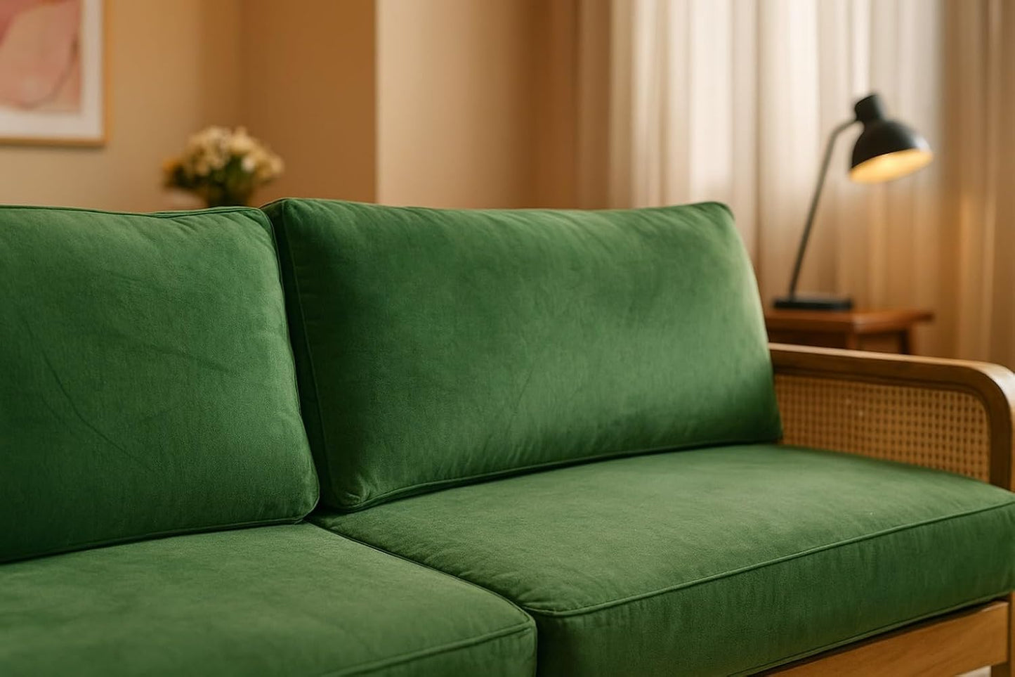 Modern Rattan Sofa Cane Design with Natural Finish , Solid Wooden Frame Living Room Couch or Lounge Seating, Comfortable and Stylish Furniture.