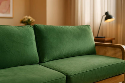 Modern Rattan Sofa Cane Design with Natural Finish , Solid Wooden Frame Living Room Couch or Lounge Seating, Comfortable and Stylish Furniture.