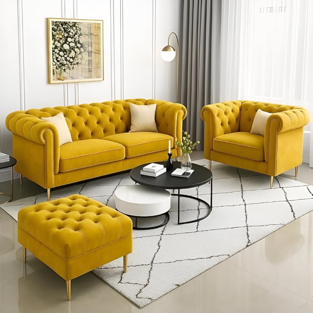 Luxury Velvet fabric 3+1+Ottoman Sofa Set with Button Tufted Design & Gold Legs for Living room
