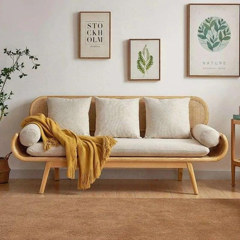Modern Rattan Sofa Cane Design with Natural Finish , Solid Wooden Frame Living Room Couch or Lounge Seating, Comfortable and Stylish Furniture.