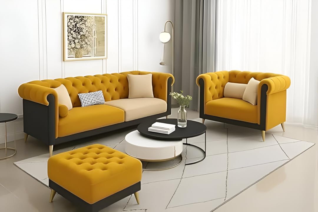 Luxury Velvet fabric 3+1+Ottoman Sofa Set with Button Tufted Design & Gold Legs for Living room