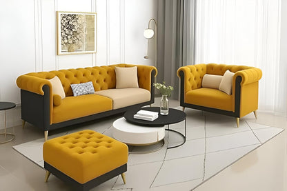 Luxury Velvet fabric 3+1+Ottoman Sofa Set with Button Tufted Design & Gold Legs for Living room