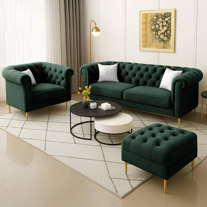 Luxury Velvet fabric 3+1+Ottoman Sofa Set with Button Tufted Design & Gold Legs for Living room