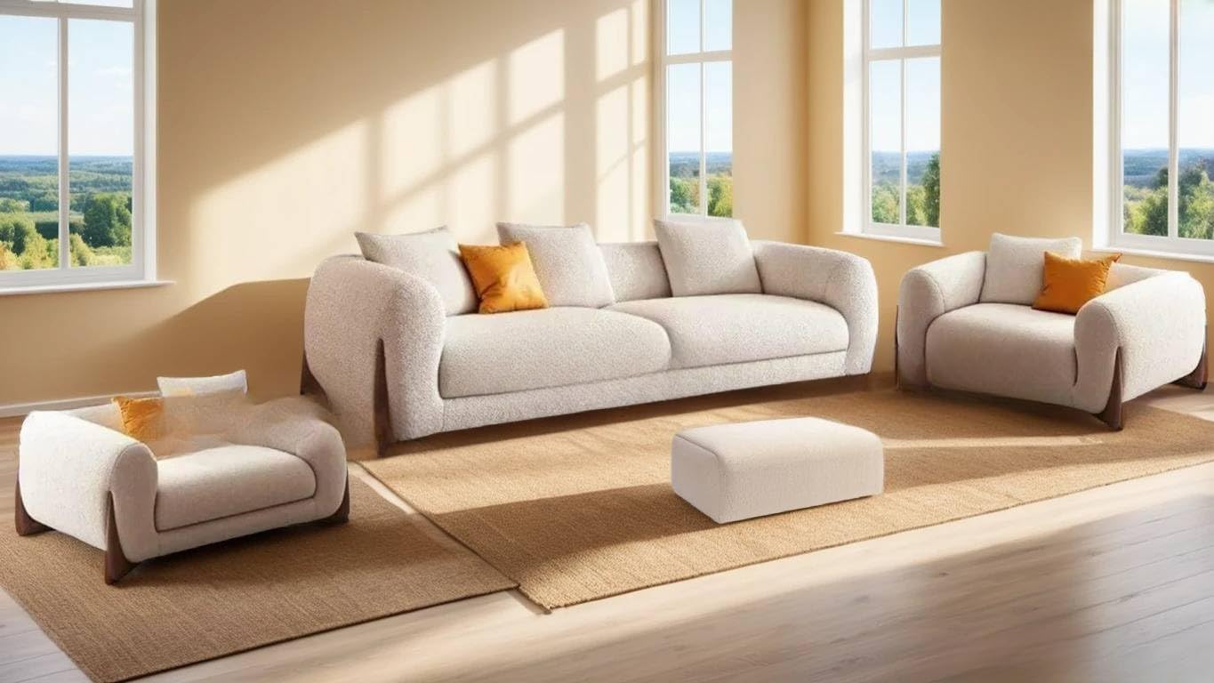 Boucle  Fabric Sofa Set – Stylish Modern Living Room Sofa with Wooden Legs or Pillow