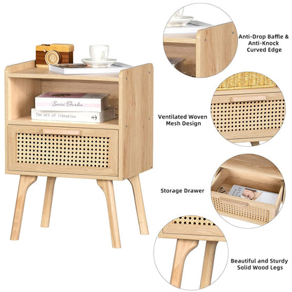 Solid Wood Modern Side Table with Drawer and Open Storage for Living Room