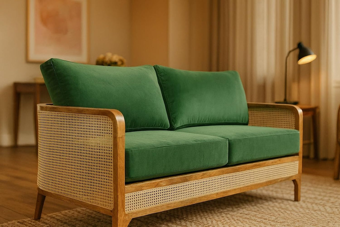 Modern Rattan Sofa Cane Design with Natural Finish , Solid Wooden Frame Living Room Couch or Lounge Seating, Comfortable and Stylish Furniture.