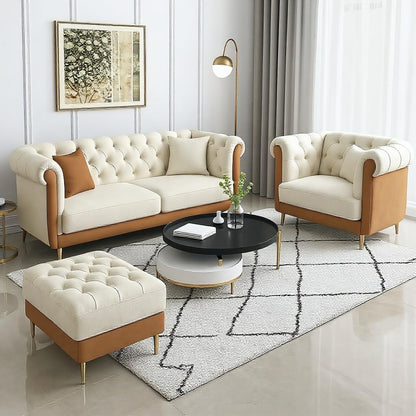 Luxury Velvet fabric 3+1+Ottoman Sofa Set with Button Tufted Design & Gold Legs for Living room