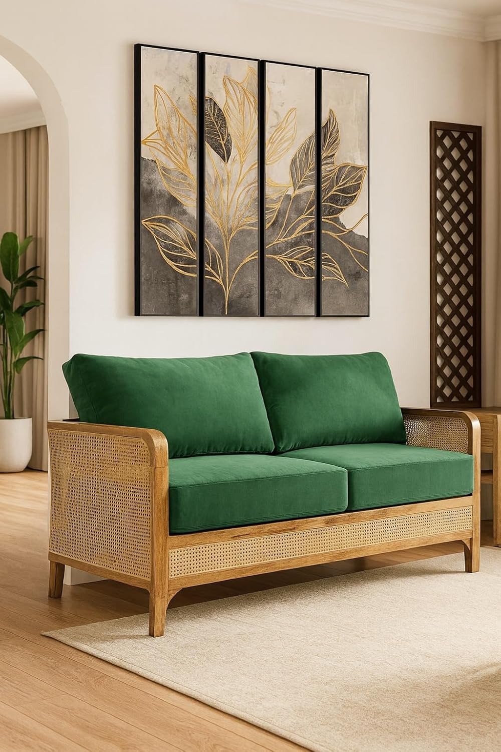 Modern Rattan Sofa Cane Design with Natural Finish , Solid Wooden Frame Living Room Couch or Lounge Seating, Comfortable and Stylish Furniture.