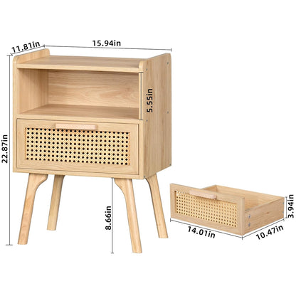 Solid Wood Modern Side Table with Drawer and Open Storage for Living Room