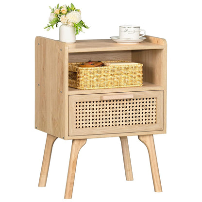 Solid Wood Modern Side Table with Drawer and Open Storage for Living Room