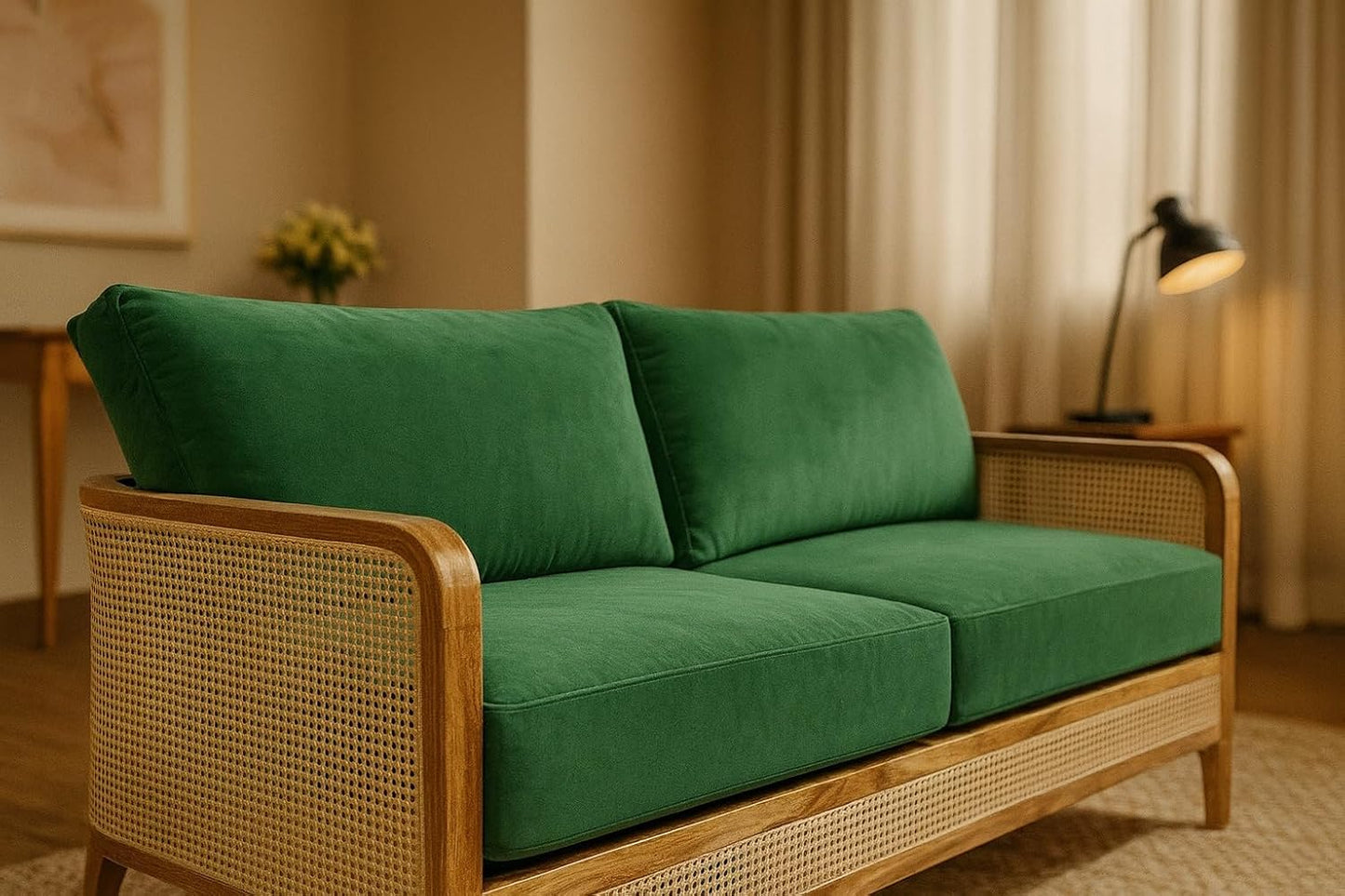 Modern Rattan Sofa Cane Design with Natural Finish , Solid Wooden Frame Living Room Couch or Lounge Seating, Comfortable and Stylish Furniture.