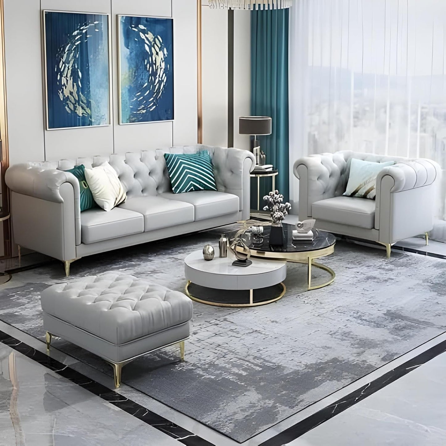 Luxury Velvet fabric 3+1+Ottoman Sofa Set with Button Tufted Design & Gold Legs for Living room
