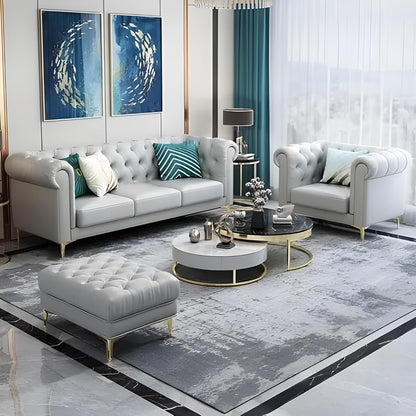 Luxury Velvet fabric 3+1+Ottoman Sofa Set with Button Tufted Design & Gold Legs for Living room