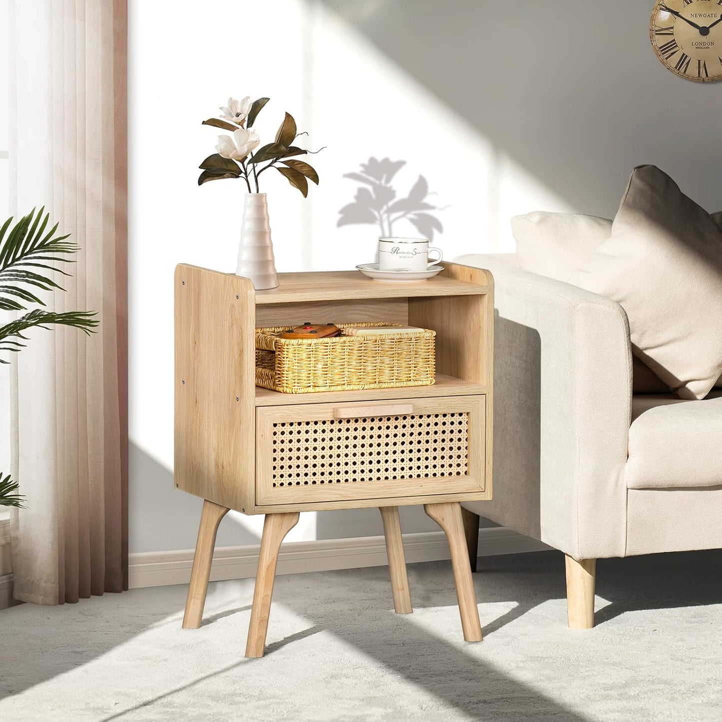 Solid Wood Modern Side Table with Drawer and Open Storage for Living Room