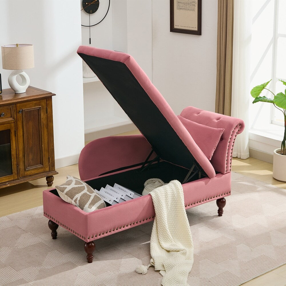 Rosewood Velvet Fabric 2 Seater Storage Modern Chaise Lounge Couch With Tufted Button Back with Pillow For Living room, Office, Garden
