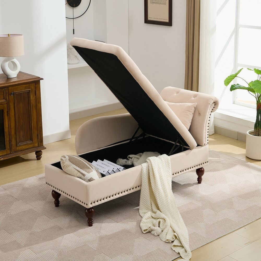 Rosewood Velvet Fabric 2 Seater Storage Modern Chaise Lounge Couch With Tufted Button Back with Pillow For Living room, Office, Garden