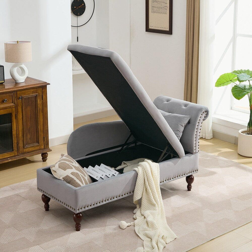 Rosewood Velvet Fabric 2 Seater Storage Modern Chaise Lounge Couch With Tufted Button Back with Pillow For Living room, Office, Garden