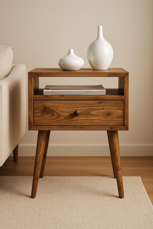 Modern Solid Wood Side Table with One Drawer and One Open Storage  Shelf for Bedroom
