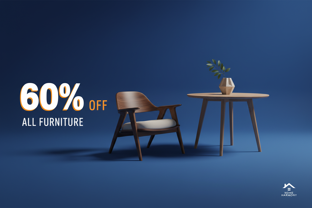 banner image with blue background size 1500*500 for a furniture product with 60% off tagline