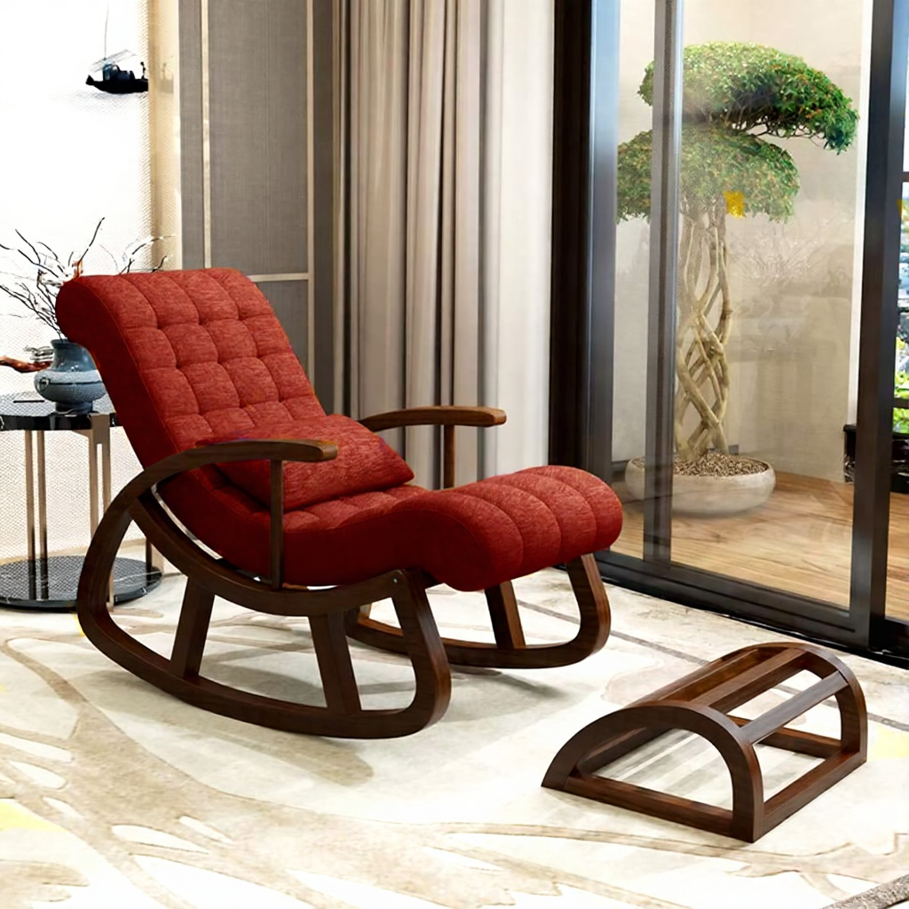Sheesham Wood Rocking Chair With Wooden Footrest Relaxable Arm Chair for Garden