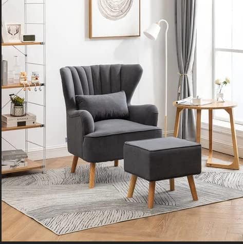 Modern Wing Chair for Living Room, Arm Chair with Ottoman/Footrest for Bedroom with Pouffes
