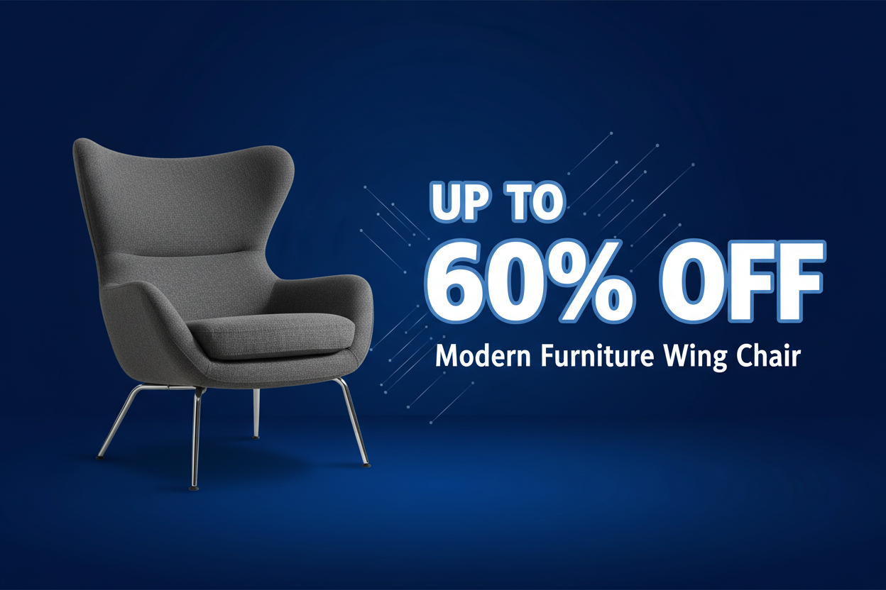 Modern furniture wing chair upto 60% off banner size 1500*500 with blue background