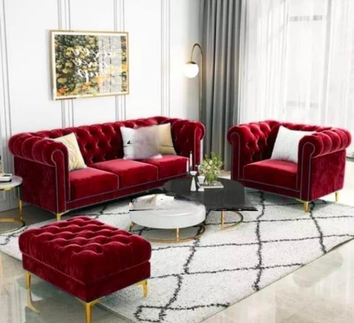 Luxury Velvet fabric 3+1+Ottoman Sofa Set with Button Tufted Design & Gold Legs for Living room