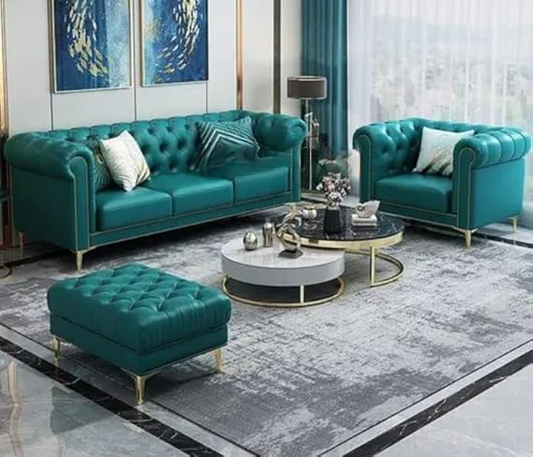 Luxury Velvet fabric 3+1+Ottoman Sofa Set with Button Tufted Design & Gold Legs for Living room