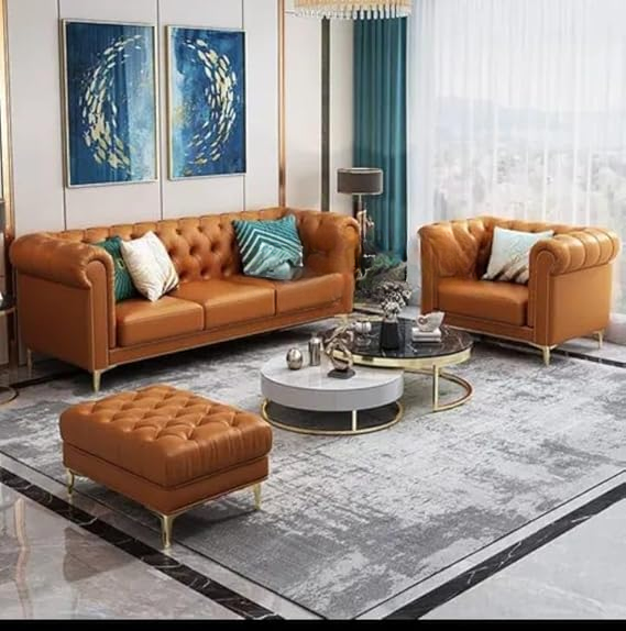 Luxury Velvet fabric 3+1+Ottoman Sofa Set with Button Tufted Design & Gold Legs for Living room
