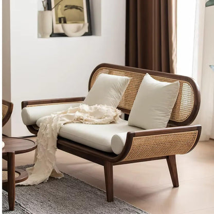 Rosewood Modern Rattan Sofa with Curved Arms Comfortable Seating for Living Bedroom, High-Density Foam