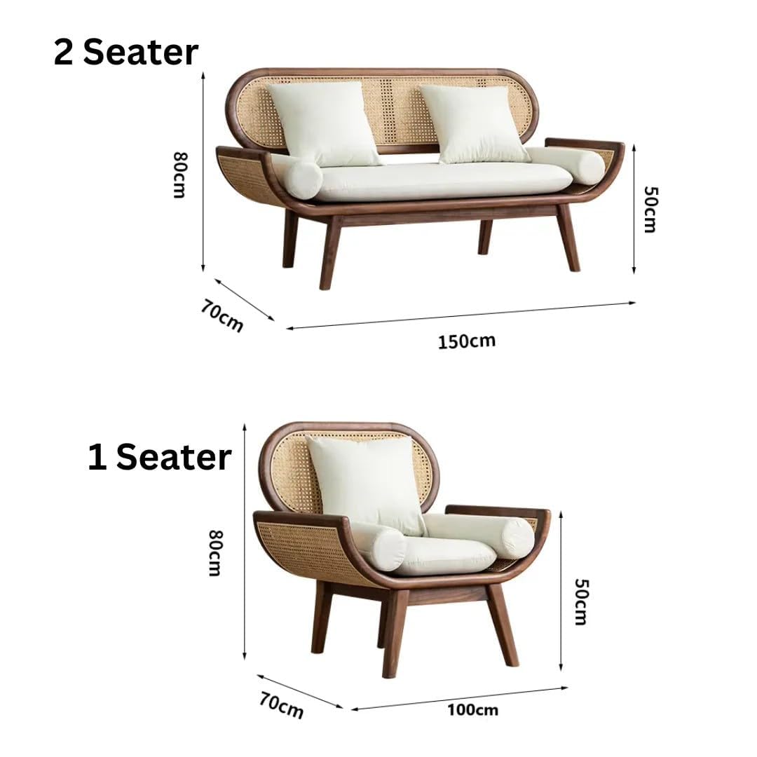 Rosewood Modern Rattan Sofa with Curved Arms Comfortable Seating for Living Bedroom, High-Density Foam